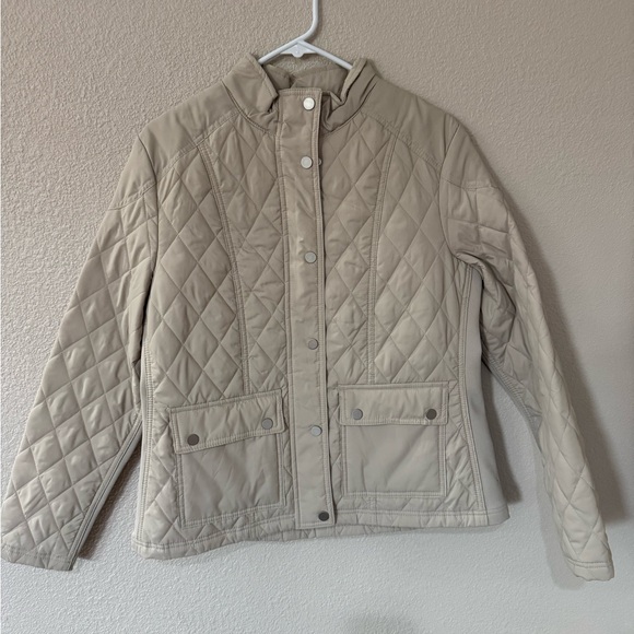And Away Women’s Large Quilted Jacket Tan Neutral Lightweight Snap Front Coat - Picture 2 of 5